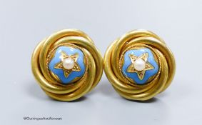 A pair of Victorian earrings, test as 15ct, set with pearls and turquoise enamel, base metal