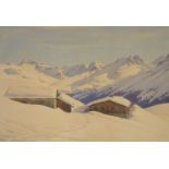 Carl Kessler (German, 1876-1968), watercolour, Chalets in the snow, signed, 33 x 48cm