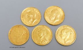 Five gold half sovereigns, 1884, nicks otherwise good F, 1885, F, 1892 good F, 1912, VF, 1925SA,