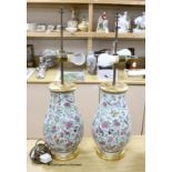 A pair of Chinese famille rose converted lamps, overall height 74cm