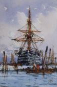 Richard Henry Nibbs (1816-1893), watercolour, Warship in harbour, signed, 13 x 8.5cm, Exhibited at
