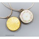 Two silver and enamel lockets on later '925' white metal chains