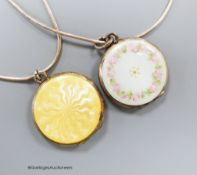 Two silver and enamel lockets on later '925' white metal chains