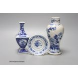 A Chinese baluster vase, a small dish and one other vase, 19th/20th century, tallest 18cm