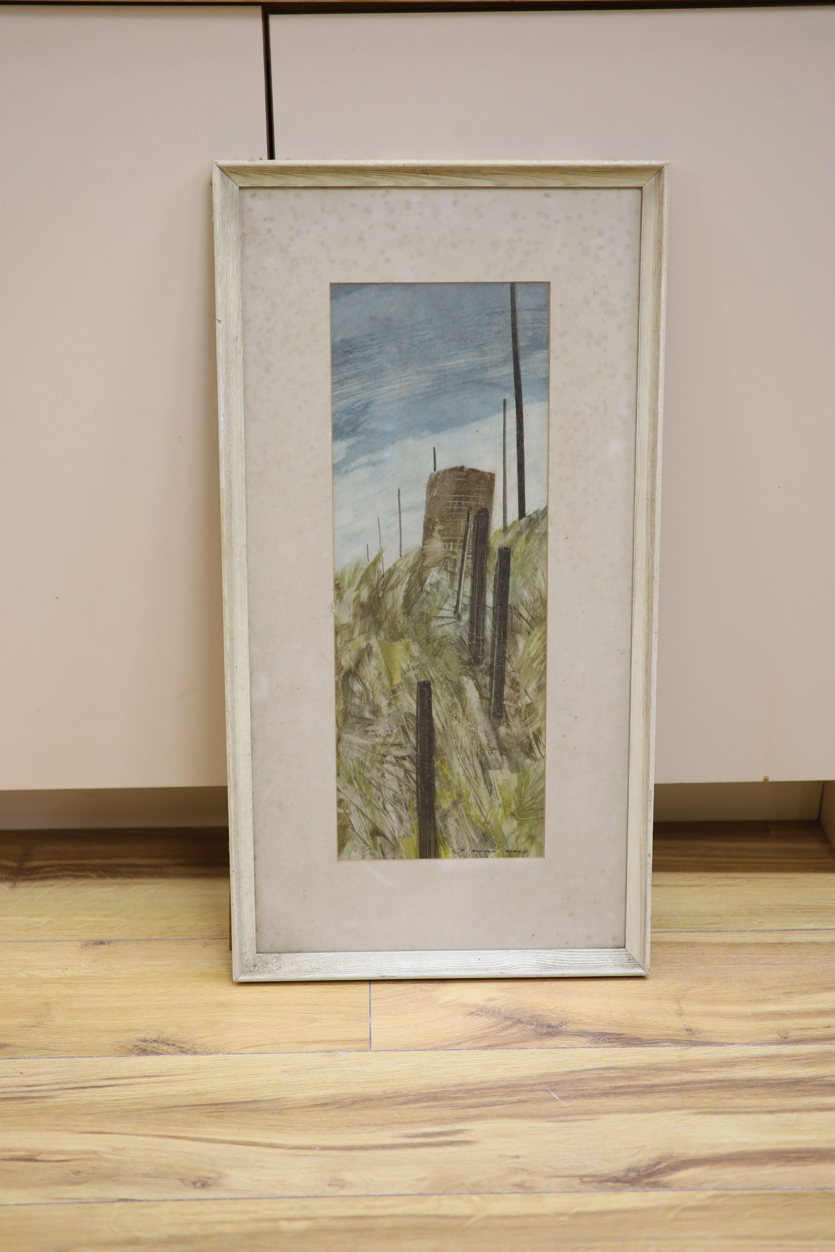 Frederick Donald Blake (1908-1977), watercolour, Fence posts on sand dunes, signed, 47 x 17cm - Image 2 of 2