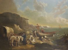 Follower of William Shayer (1811-1892), oil on panel, beach scene with smugglers unloading their