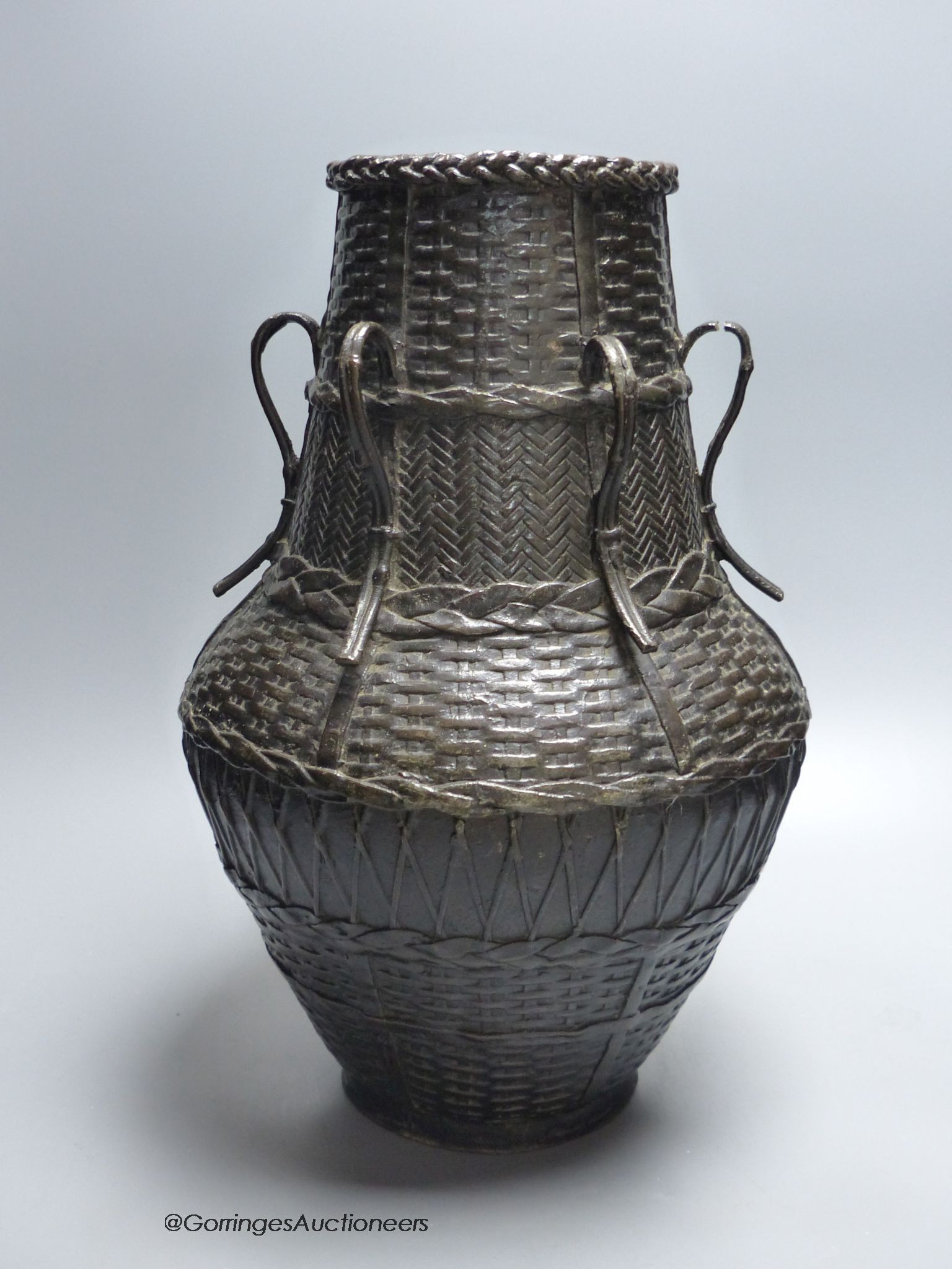 A large Japanese bronze basket effect ikebana vase, Meiji period - Image 2 of 3