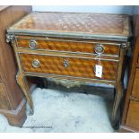 A French transitional style parquetry inlaid two drawer chest, width 65cm, depth 36cm, height 68cm