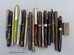 A collection of fountain pens and a 14ct gold nibb