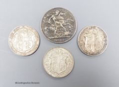 Edward VII and George V silver coins - crown 1902, F, three florins 1909 good VF, 1915 and 1927