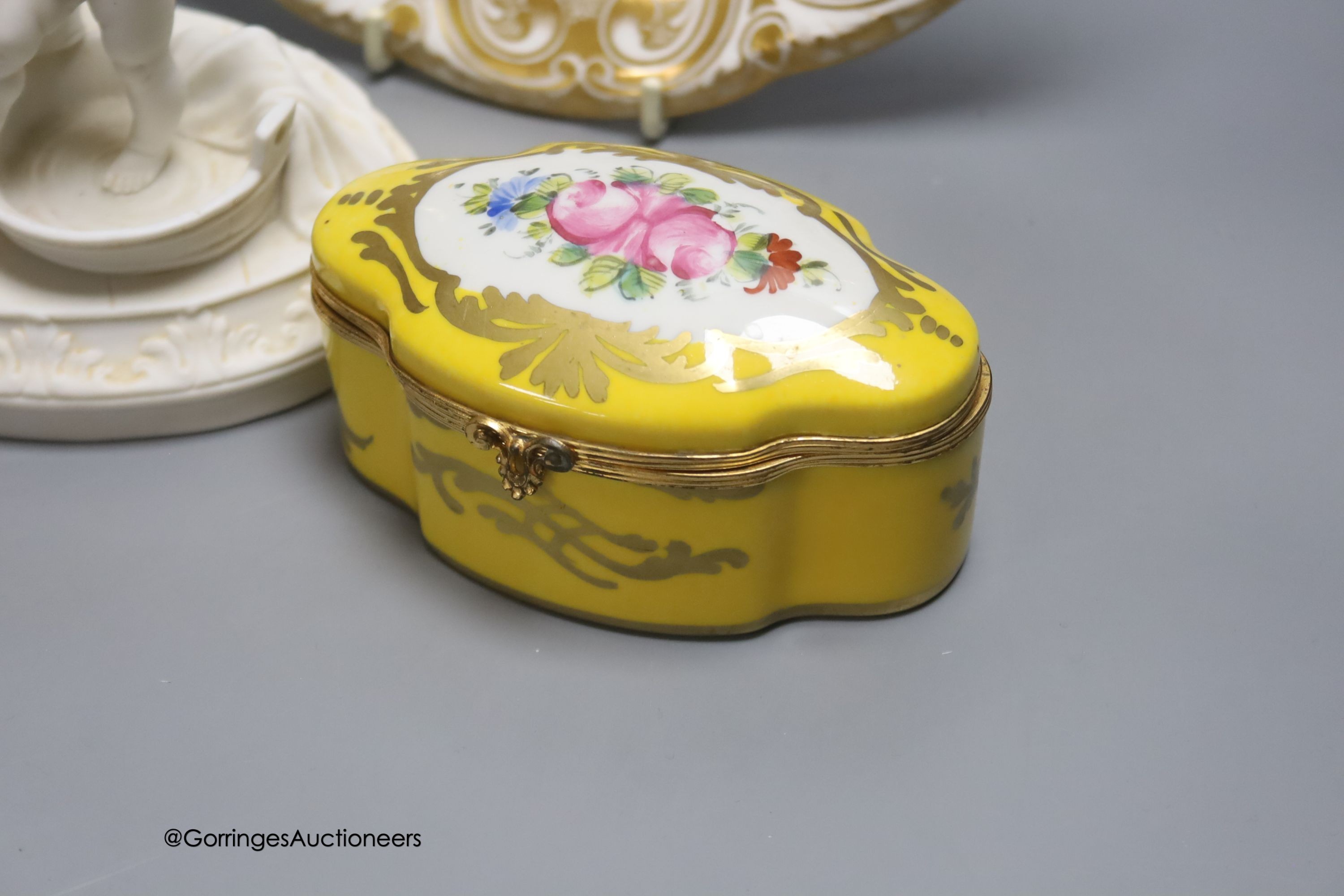 A pair Victorian dessert plates, a Parian Ware group, 'Bathtime', a Limoges box with hinged cover - Image 3 of 6