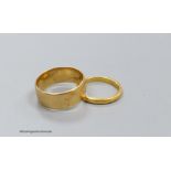 An 18ct. gold wedding band, size P, 5.9g, and a 22ct gold band, size L, 2.9g.
