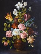 Continental School, oil on panel, Still life of flowers in a vase, 40 x 31cm, unframed