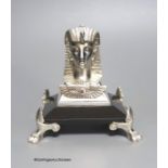 An Egyptian style electroplate mounted inkwell, height 12cm