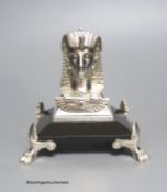 An Egyptian style electroplate mounted inkwell, height 12cm