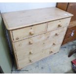 A Victorian pine chest of two short and three long drawers, width 96cm, depth 45cm, height 94cm
