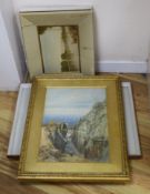 English School c.1900, watercolour, Coastal scene, 54 x 38cm and four other pictures