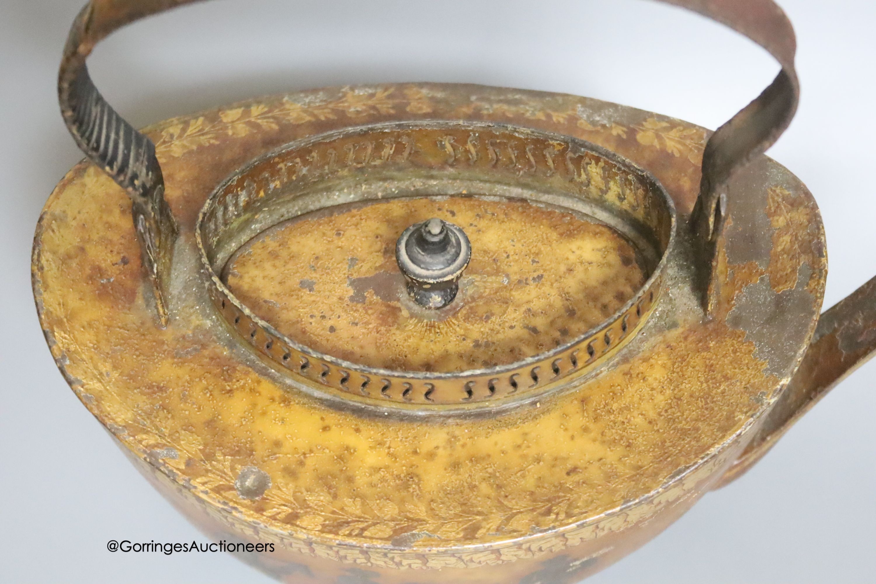 A 19th century Pontypool toleware tea kettle, length 31cm - Image 3 of 3