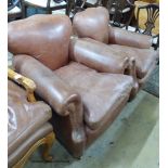 A pair of 1940's French tan leather club armchairs, width 90cm, depth 88cm, height 82cm