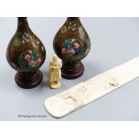 A pair of Japanese cloisonne miniature vases, a carved ivory paper knife, length 37cm, and a carved
