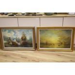 M.J. Rendell, two oils on board, Sunset over Greenwich and Naval action, signed, both 46 x 72cm,
