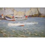 Piotr Soulimenko (b.1914), oil on card, Tourist boats, Crimea, signed and dated 1950, Roy Miles