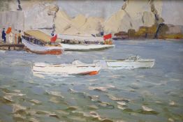 Piotr Soulimenko (b.1914), oil on card, Tourist boats, Crimea, signed and dated 1950, Roy Miles