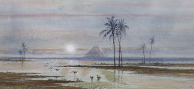 Frank Catano (1880-1920), watercolour, Egyptian Pyramids at dawn, signed, 18 x 38cm