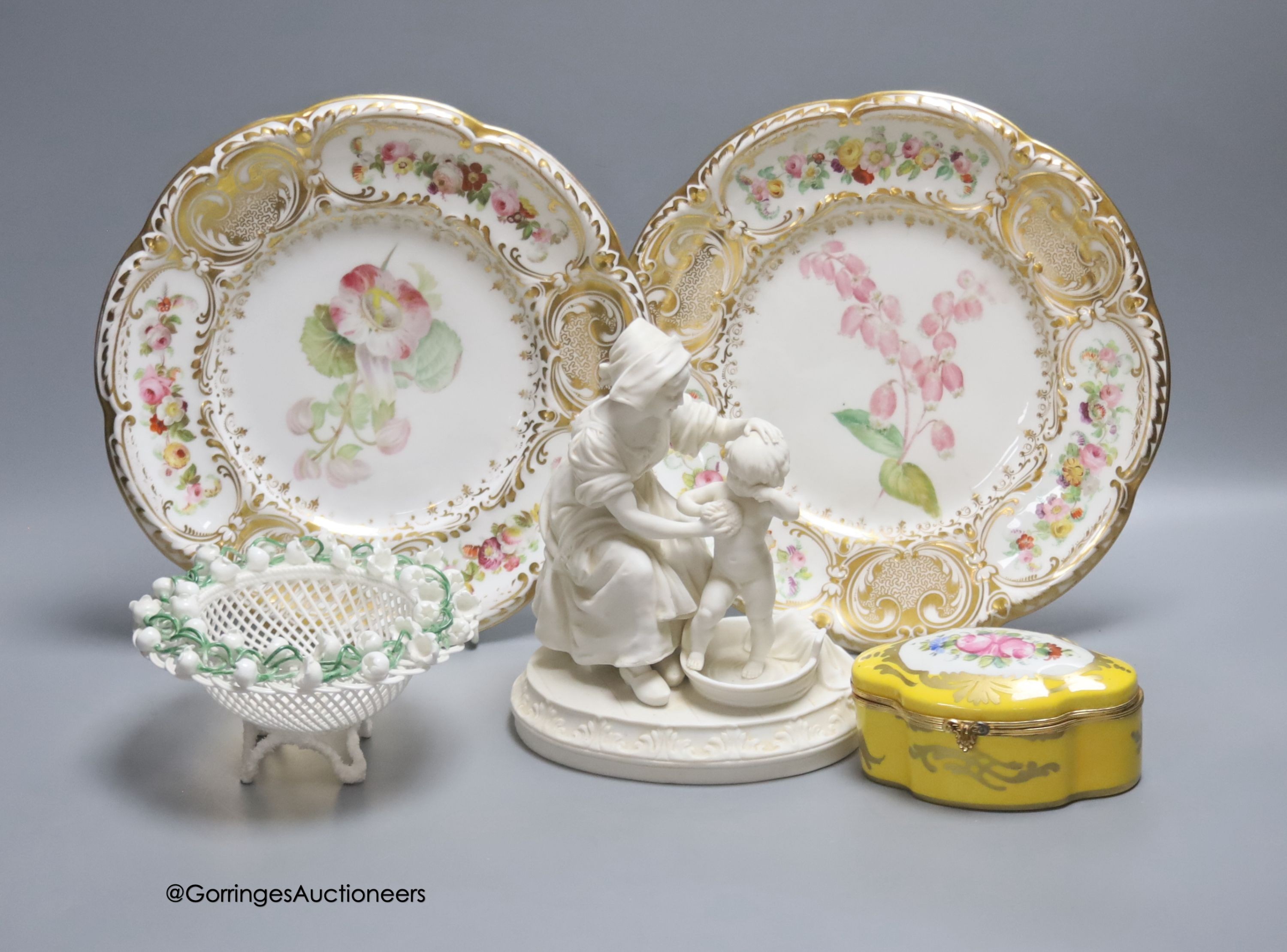 A pair Victorian dessert plates, a Parian Ware group, 'Bathtime', a Limoges box with hinged cover