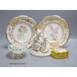 A pair Victorian dessert plates, a Parian Ware group, 'Bathtime', a Limoges box with hinged cover