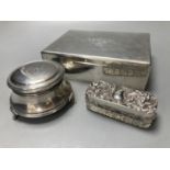 A silver cigar box, London 1928, 18cm, a silver ring box, Birmingham 1925, 9 cm diameter, and a