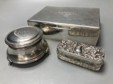 A silver cigar box, London 1928, 18cm, a silver ring box, Birmingham 1925, 9 cm diameter, and a