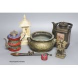 A Chinese bronze censer, teapots, a carved bone shrine, etc.