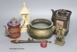 A Chinese bronze censer, teapots, a carved bone shrine, etc.