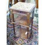 A French marble topped mahogany three tier wash stand, width 39cm, depth 36cm, height 85cm
