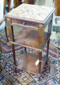 A French marble topped mahogany three tier wash stand, width 39cm, depth 36cm, height 85cm