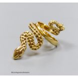 An 18ct gold (750) serpent ring, size F, 8.1g.