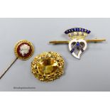 A Victorian gold and citrine brooch, 2.75cm. a hardstone cameo set pin and a 9ct gold and enamel