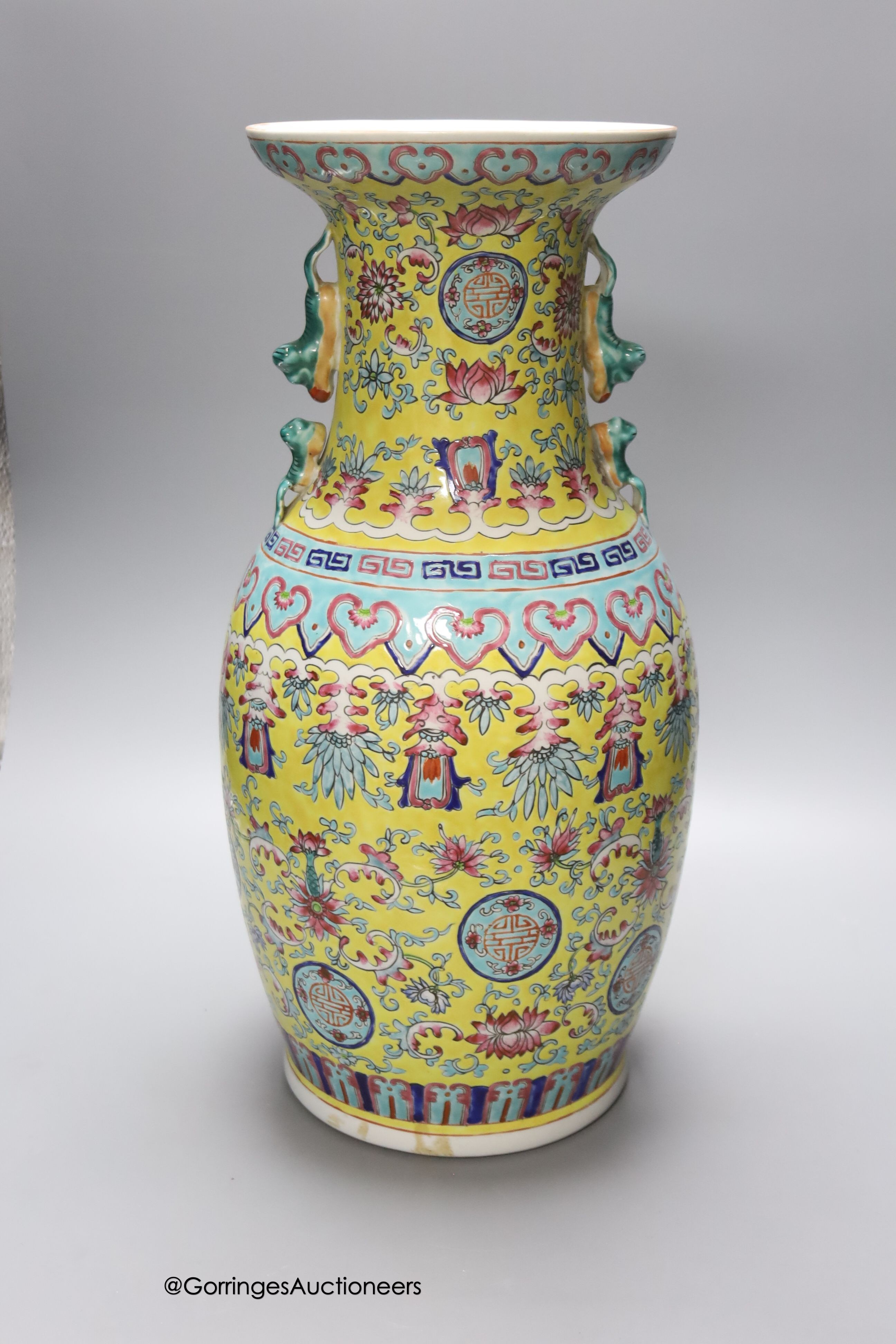 A Chinese yellow ground vase and another painted with chrysanthemums, tallest 46cm - Image 6 of 7