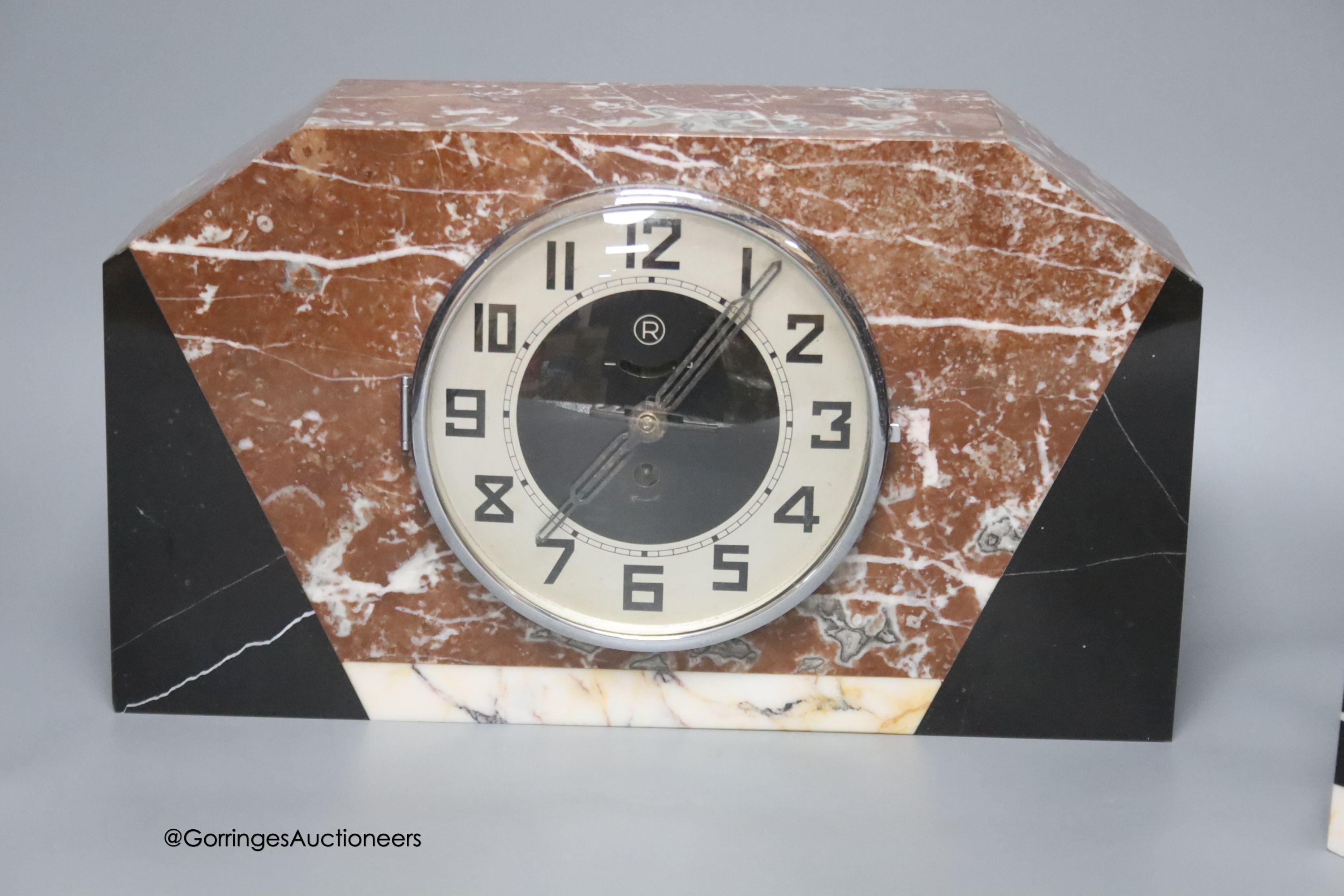 An Art Deco rouge marble clock garniture, length 36cm - Image 2 of 3