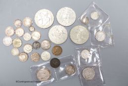 A group of UK silver coins, George II to George V, including a 1758 shilling, VF, various sixpence