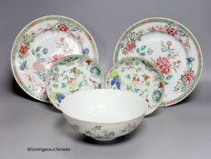 A 19th century Chinese famille rose bowl, two saucers and two 18th century Chinese famille rose