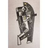 Walther Wahlstedt (1898-1972), wood engraved with gilt, Constructive Figure Composition, signed and