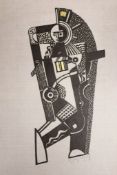 Walther Wahlstedt (1898-1972), wood engraved with gilt, Constructive Figure Composition, signed and