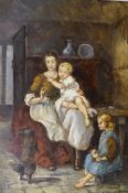 M.J. Rendell, two oils on board, Street scene and Interior with mother and children, signed, 30 x