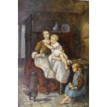 M.J. Rendell, two oils on board, Street scene and Interior with mother and children, signed, 30 x