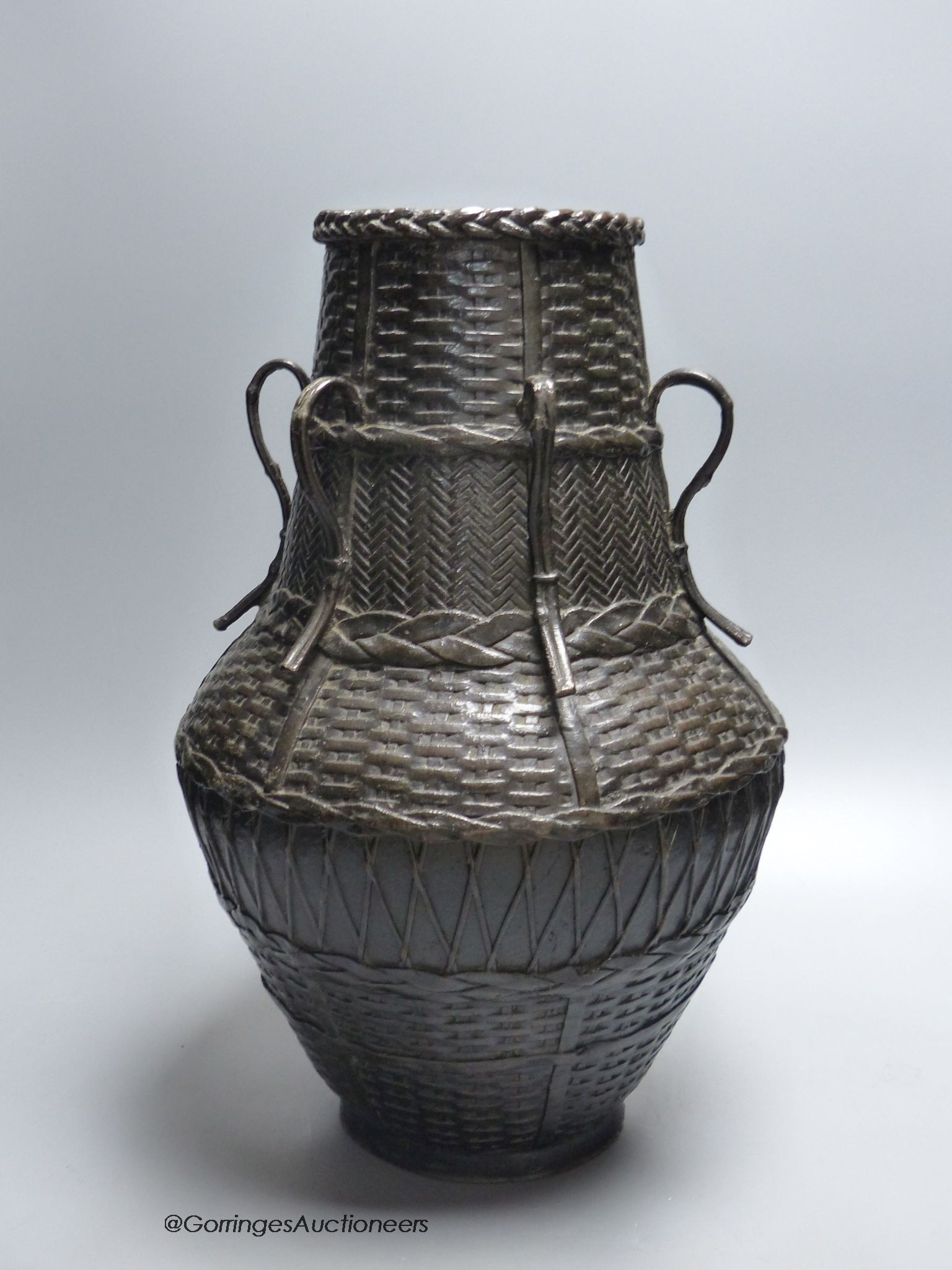 A large Japanese bronze basket effect ikebana vase, Meiji period - Image 3 of 3