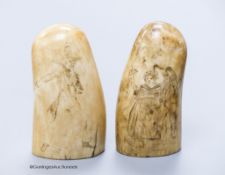 Two 19th century scrimshaw sperm whale teeth, engraved with Victorian figures, height 10cm