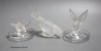 Two Lalique ashtrays mounted with birds, etched signatures to bases, and a Lalique style frosted