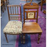 A late Victorian walnut hall chair with inset Minton tile and a Victorian walnut single chair.